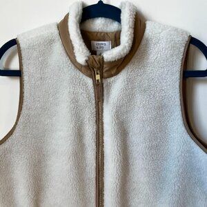 Women's Crown & Ivey Beige Brown Faux Leather Trim Zip Front Sherpa Vest M